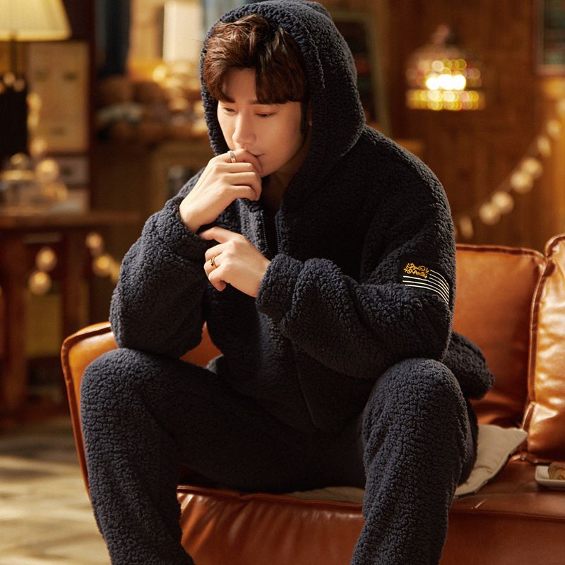 Flannel autumn men's long sleeved sleepwear plus oversized winter cardigan for warmth and thick coral fleece home wear_voghion.com
