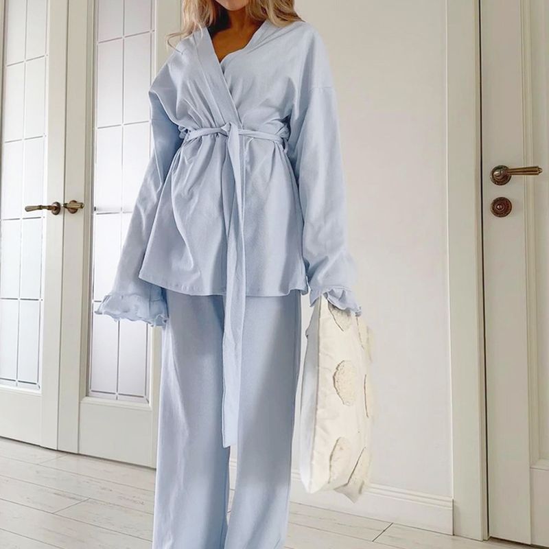 Soft & Elegant Women's Pajama Set - Flowy Lounge Robe With Lotus Hem Pants, Comfortable Sleepwear For Home & Travel_voghion.com