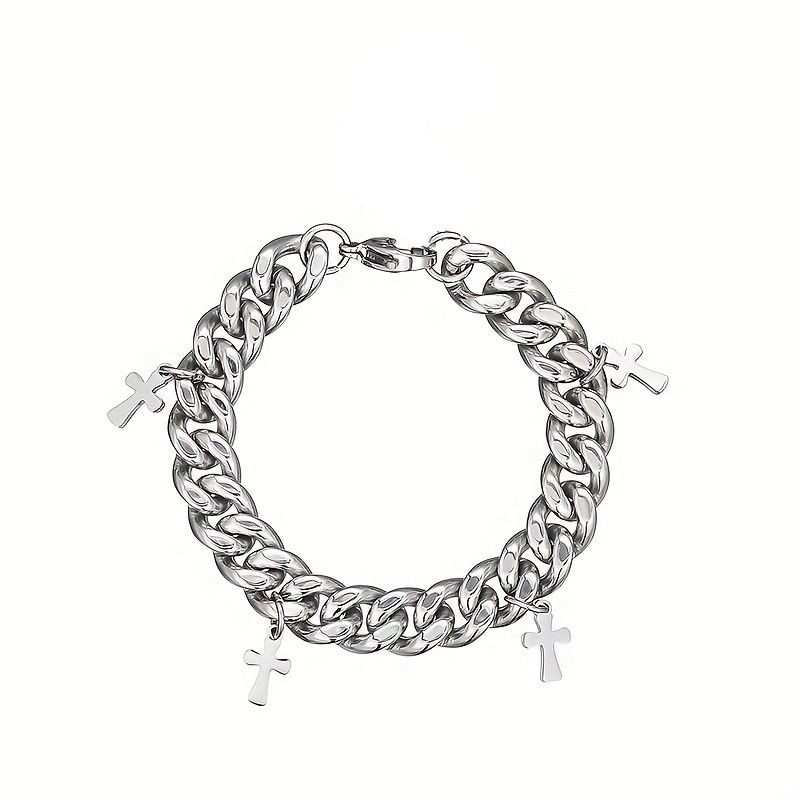 Men's Fashionable Temperament Simple Bracelet Versatile Style Titanium Steel Cross Pendant Trendy Hip Hop Cool Korean_voghion.com