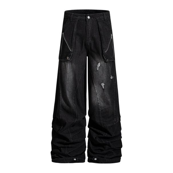 Stacked Feel Floor-Length Jeans For Men, Trendy Brand, Large Pockets, Cargo Style, Distressed Washed Design, Wide-Leg_voghion.com