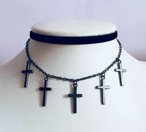 Necklaces Gothic Black Cross Chain Velvet Necklace_voghion.com