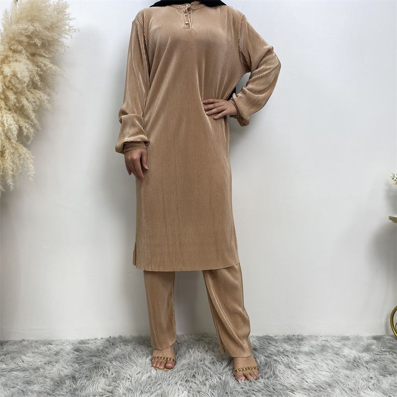Damenmode, lässig, schlicht, einfarbig, plissiert, zweiteiliges Set_voghion.com