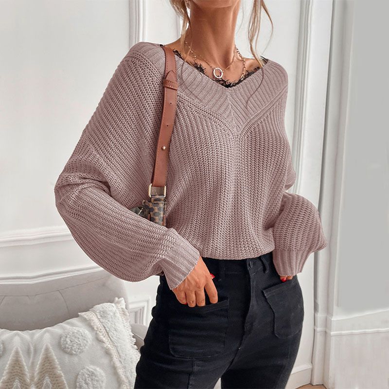 Maglione pullover lavorato a maglia con scollo a V in pizzo patchwork tinta unita_voghion.com