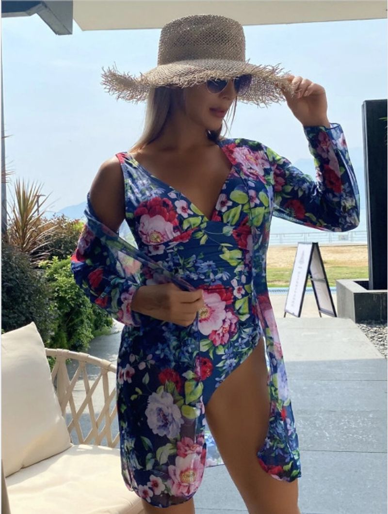 Women's  orders new plant print pleated three-piece swimsuit bikini spot_voghion.com