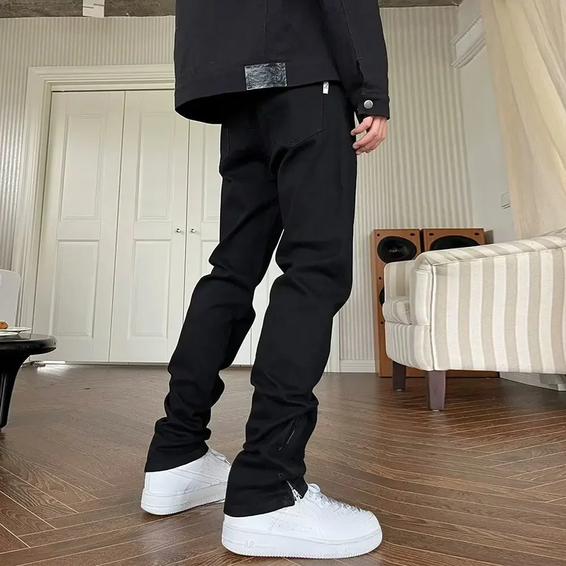 Jean noir pour homme, taille haute, coupe bootcut décontractée, fermeture éclair latérale, style américain, streetwear_voghion.com