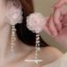 Silver Needle Pink Mesh Flower Pearl Tassel Fashionable Design Sweet Temperament Earrings For Women_voghion.com