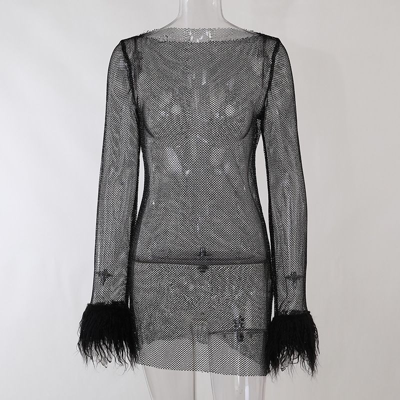 Knitted round neck mesh long sleeve hip skirt autumn fashion sexy dress_voghion.com