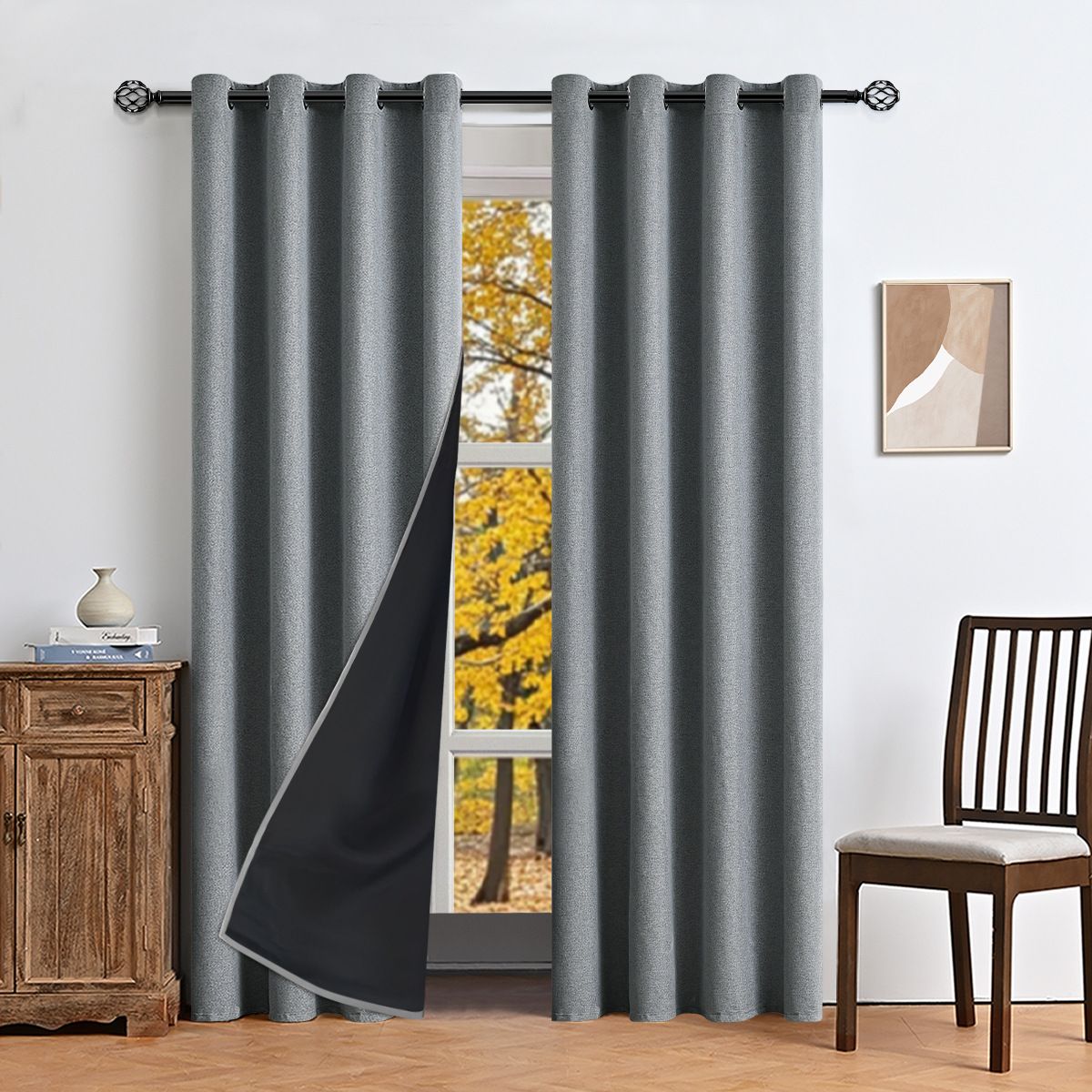 Rideaux occultants en lin uni avec fond noir et rideaux perforés_voghion.com