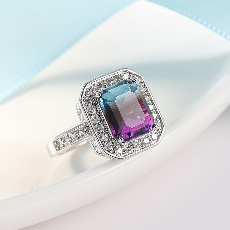 Bague de mariage géométrique arc-en-ciel avec améthyste bleue et tourmaline et zircon_voghion.com