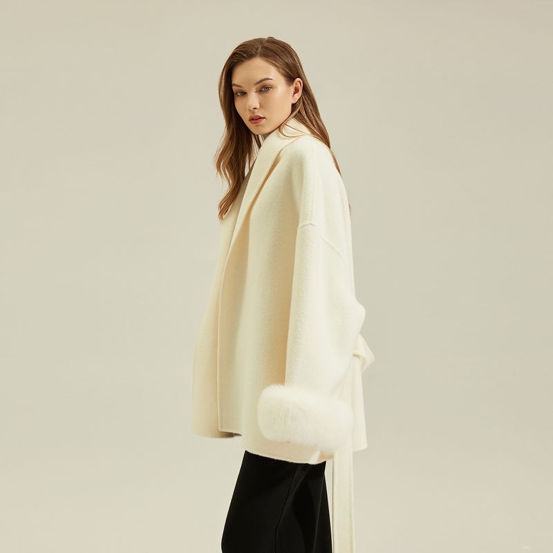 Women's Wool-Blend Double-Faced Coat - Short Length Scarf Collar Jacket With Belt, Alpaca Wool & Cashmere Touch, Elegant Office Wear_voghion.com
