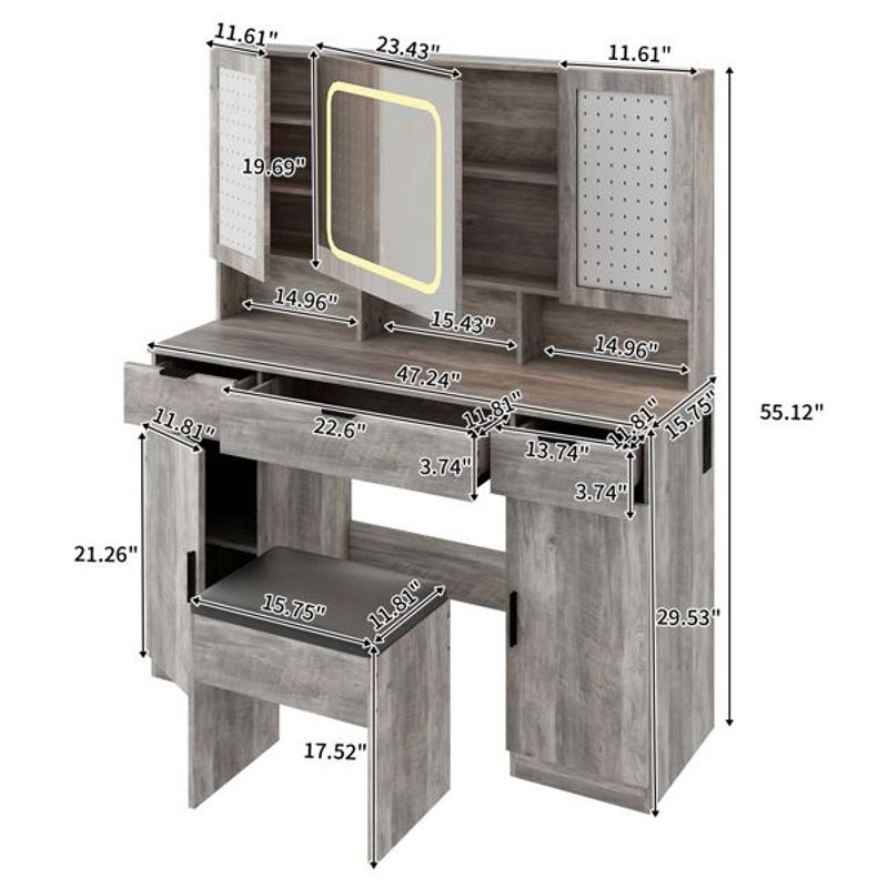 Large Vanity Table Set With LED Lighted Mirror And 2 DIY Pegboards, 5 Hooks, Vanity Desk With Charging Station, Makeup Table With Drawers, Storage S_voghion.com