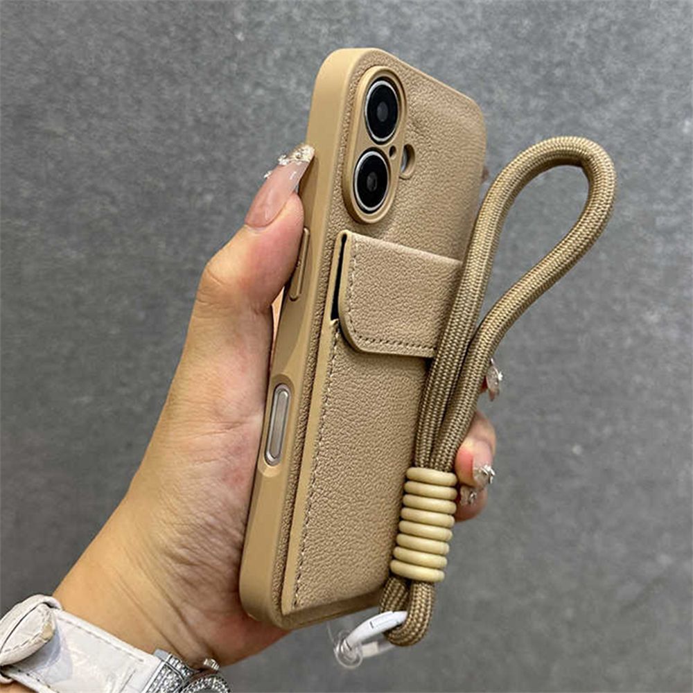 Personalized Leather Card Holder Wrist Strap Hard Phone Case For IPhone 16 14 13 15 Pro Max Plus Shockproof Bumper Back Cover_voghion.com