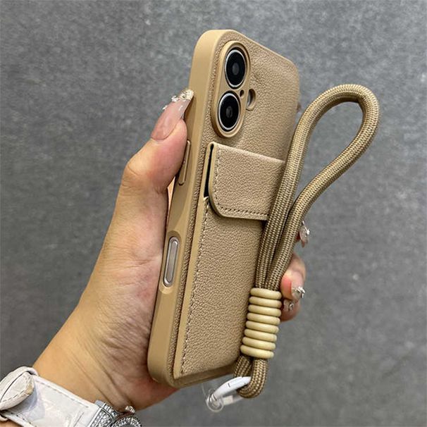 Personalized Leather Card Holder Wrist Strap Hard Phone Case For IPhone 16 14 13 15 Pro Max Plus Shockproof Bumper Back Cover_voghion.com
