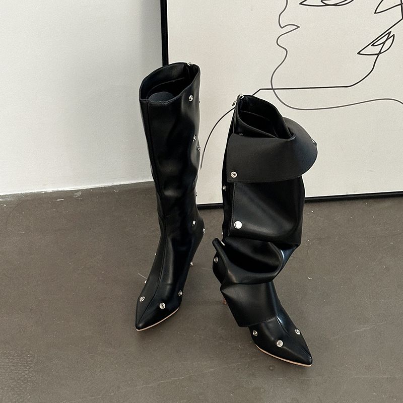 Ters Yüz Edilebilir Sivri Burunlu Peluş Botlar Sonbahar/Kış 2025 Yeni İnce Topuklu Uzun Botlar Şık ve Çok Yönlü_voghion.com