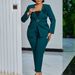 Women's Clothing Elegant Two-Piece Suit Set For Women - Slim Fit Blazer & Trousers With Belt - Office & Formal Wear - Peacock Green/White_voghion.com