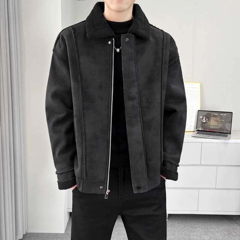 Herren-Lederjacke aus Kunstlammfell – Wintermantel mit Fleecefutter und Wildleder-ähnlicher Oberfläche, winddicht und warm, lässige Oberbekleidung (Braun/Schwarz)_voghion.com