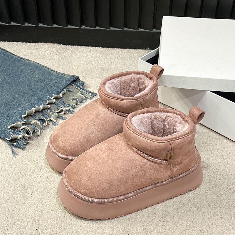 Zapatos de mujer Botas de nieve de suela gruesa de color rosa para mujer en invierno Botas de algodón de tubo corto y grueso de terciopelo con pelo corto Zapatos de pan_voghion.com