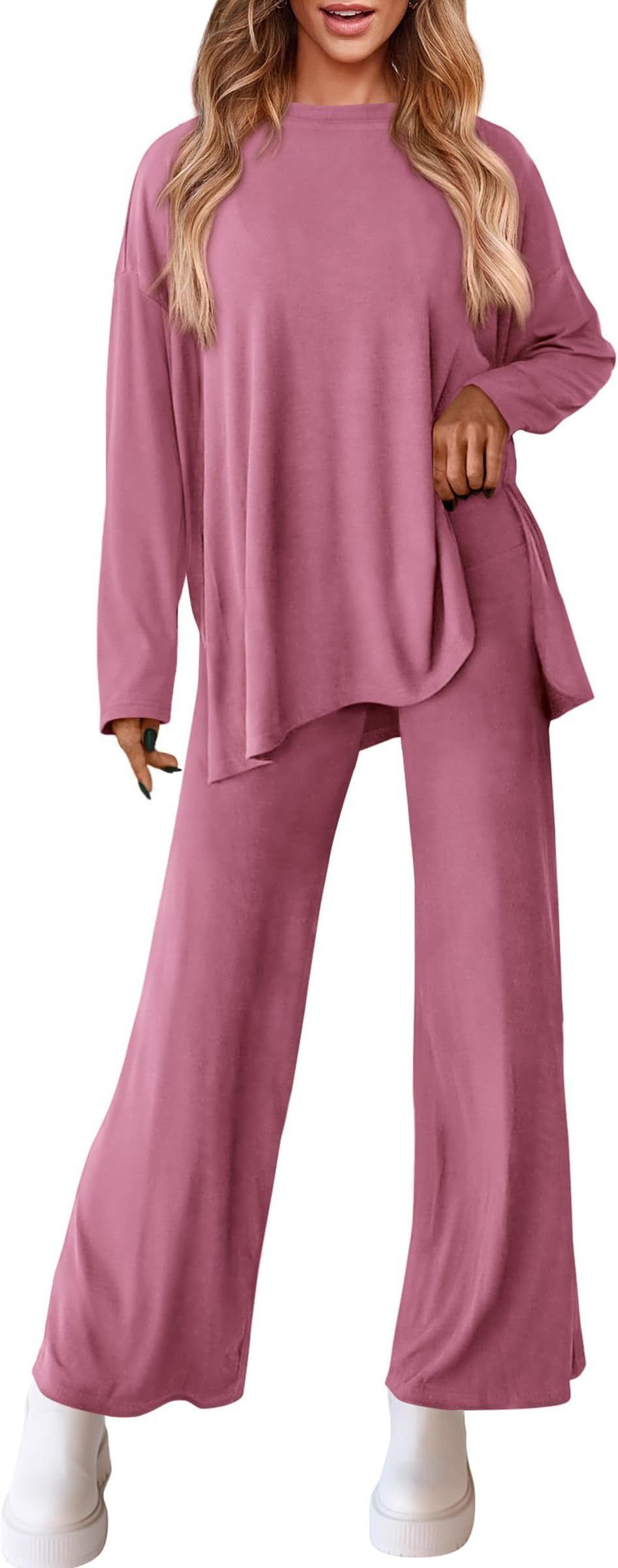 Women's Casual Lounge Set With Split Hem Pants & Long Sleeve Top – Soft Polyester Spandex Comfort Outfit In 12 Colors_voghion.com