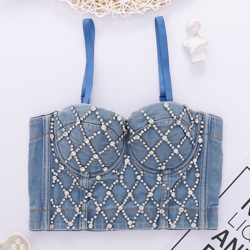 denim bandeau, padded, shapewear, beautiful back, beaded camisole, female trend_voghion.com