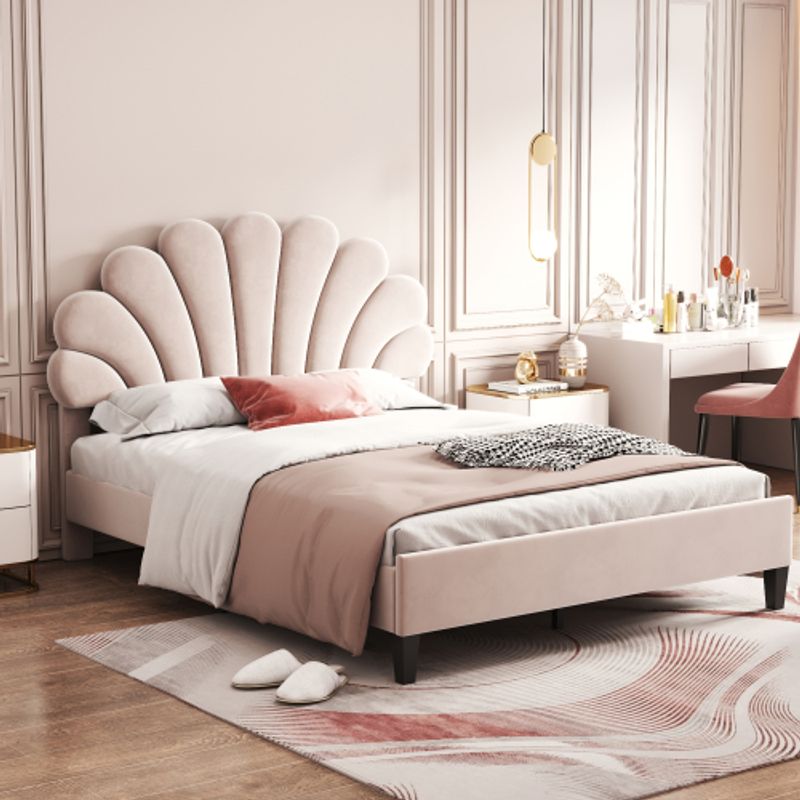 Polsterbett Doppelbett 140 X 200 Cm, Bettrahmen Mit Blumenförmigem Kopfteil Und Lattenrost, Erwachsenen-Jugendbett In Hautfreundlichem Samtstoff, Gästebett Beige_voghion.com
