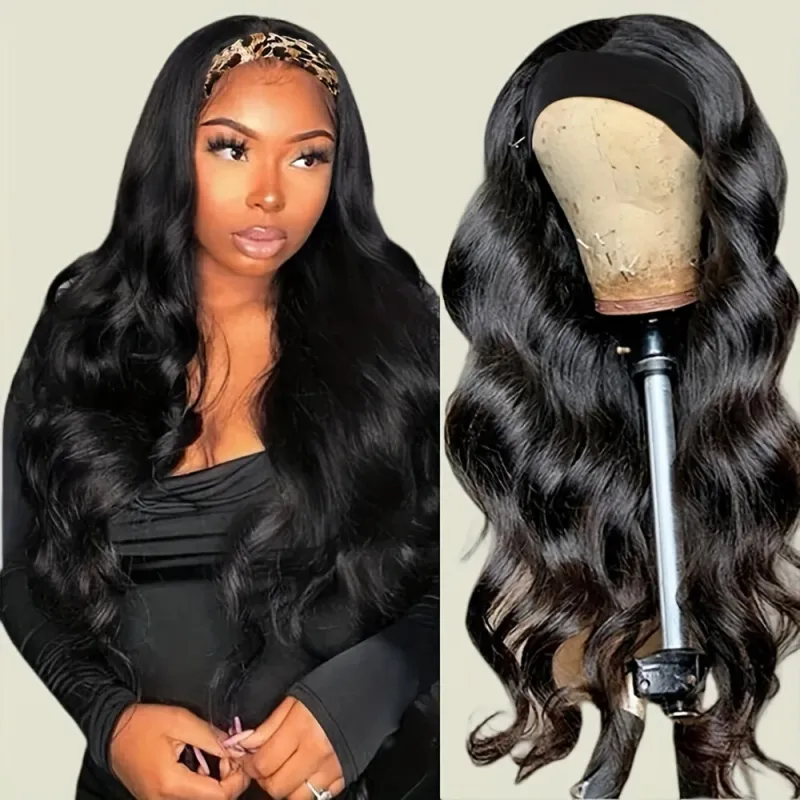 Peruca de cabelo humano com faixa de cabeça e ondas corporais para mulheres, peruca feita à máquina completa_voghion.com