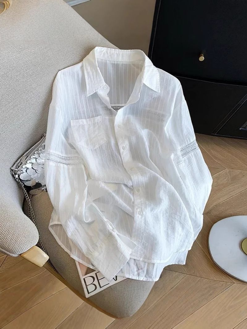 Lockeres weißes Sonnenschutz-Oberteil im Lazy-Style mit Spitze und Aushöhlung für Damen, frische, dünne Sommer-Hemdjacke aus Eisseide_voghion.com