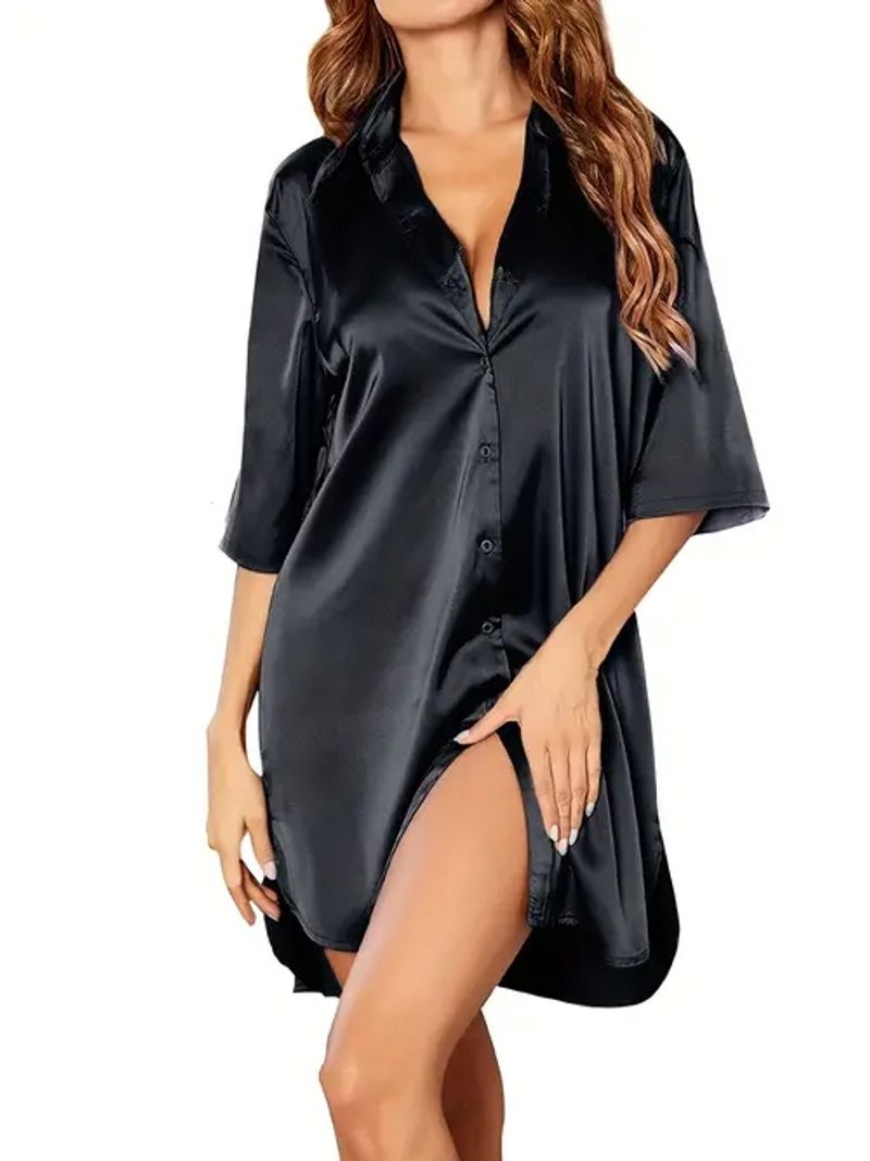 Solides Schlafoberteil mit Knopf-Revers, lässiges und glattes langes Hemd mit halben Ärmeln, Damen-Nachtwäsche und Loungewear_voghion.com