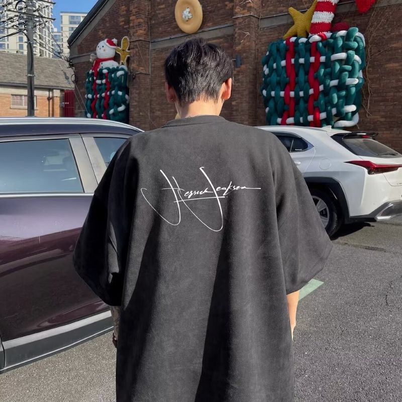 Suede Short-sleeved T-shirt Men's Summer Heavy American Retro High Street Ruffian Handsome Letter Printing Loose Couple Half Sleeve_voghion.com