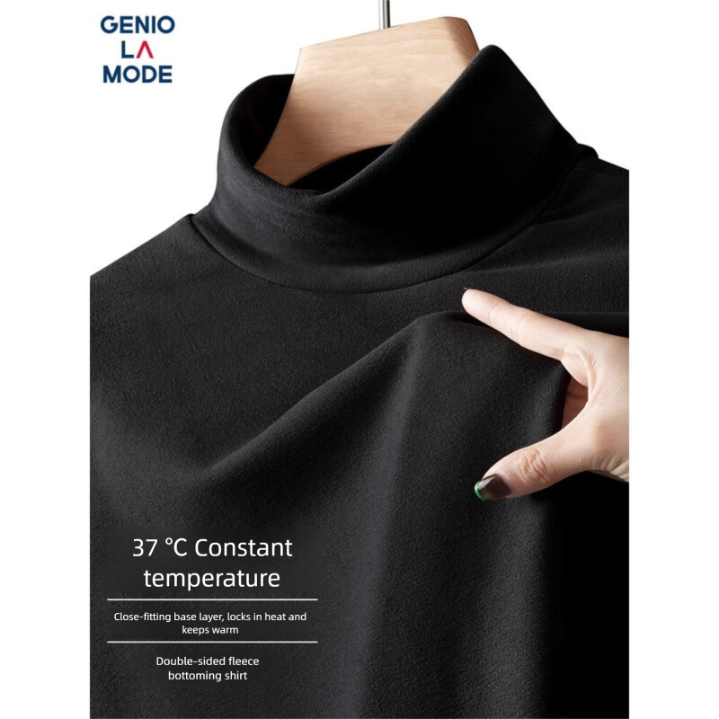 GENIOLAODE Long Sleeve T-Shirt For En Winter Fleece Double-Sided Brushed Inner Wear Half High Collar Base Shirt Black_voghion.com