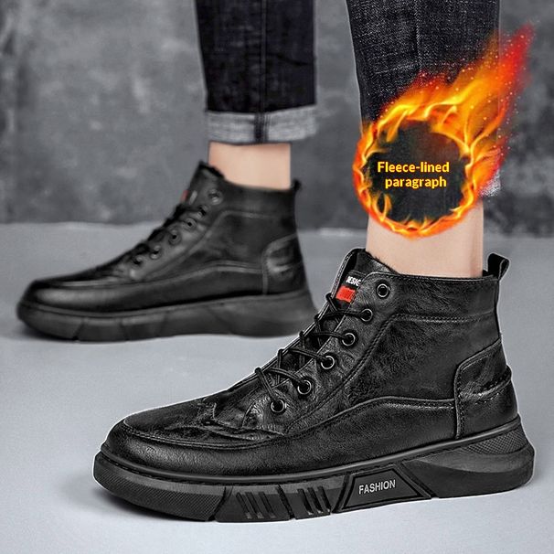 Bottes montantes chaudes Glide 2025 Hiver en coton avec doublure polaire, style business, en cuir, pour hommes._voghion.com