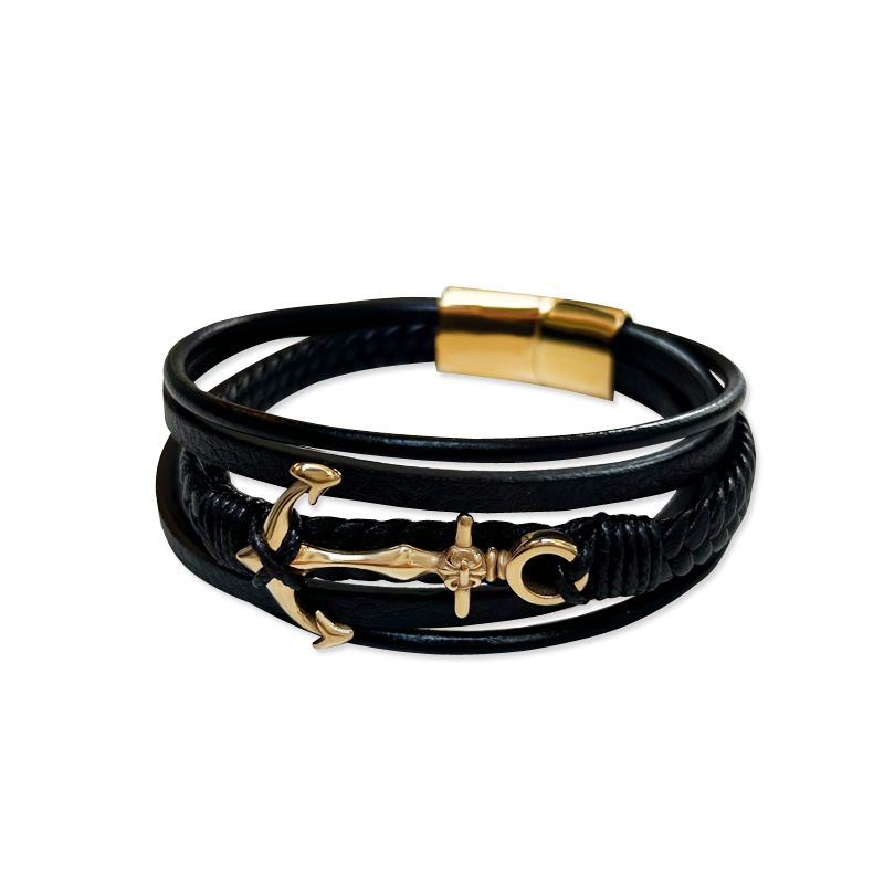 American Jewelry Internet Celebrity High-End Black Multi-Layer Cowhide For Men Stainless Steel Gold-Plated Anchor_voghion.com