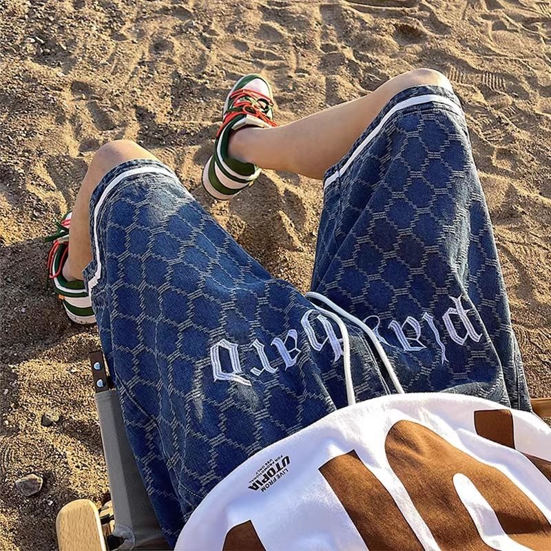 Herrenbekleidung Denim Shorts Herren Sommer Trendy Brand Ins Loose Straight High Street Niche Letter Shorts Freizeithose_voghion.com