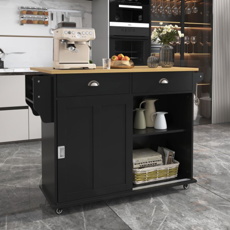 Esszimmerwagen/Aparador, 112x40(70)x94 cm, Schwarz, Klappbare Arbeitsplatte In Massivholzoptik Mit Stauraumtüren, Rollen Und Austauschbaren Massivholzfüßen, Geeignet Für Küchen Und Esszimmer_voghion.com
