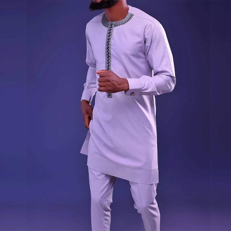 Herrset i afrikansk etnisk stil, enfärgat, broderat, casual, 2 delar_voghion.com