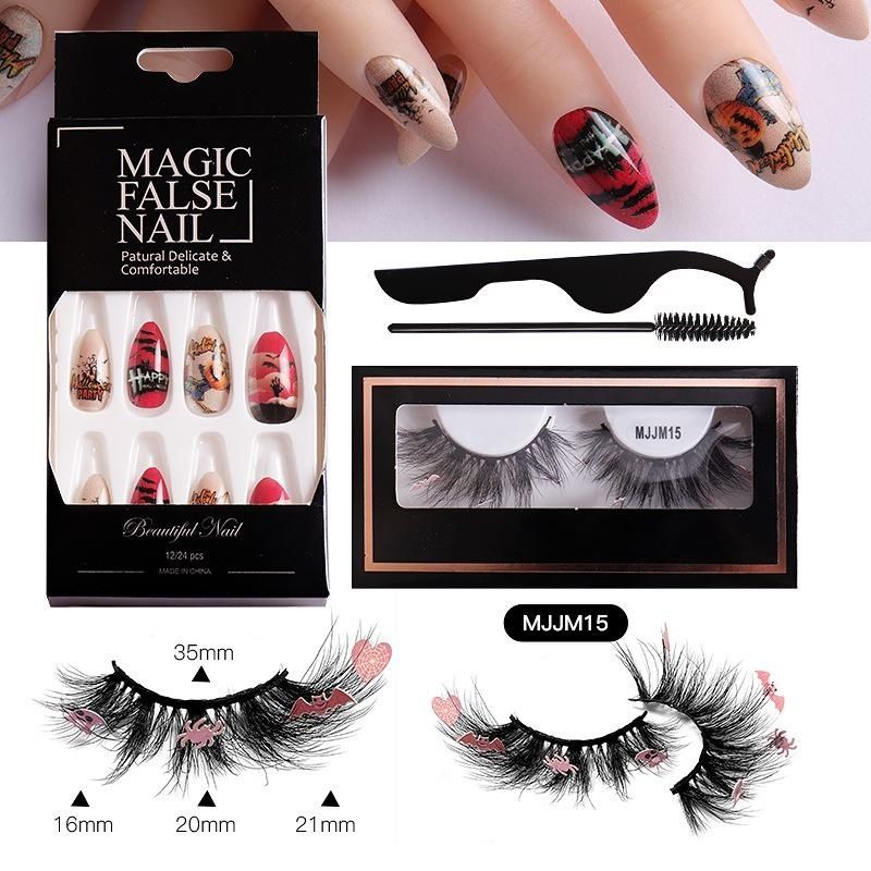 Set manicure per ciglia finte di Halloween con pezzi per unghie di Halloween Unghie finte Zucca Ciglia fantasma Essenziale per la festa di Halloween_voghion.com