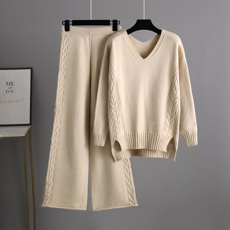 Set di maglioni con pantaloni a gamba larga in maglieria da donna, set di due pezzi con temperamento alla moda, spesso e sciolto_voghion.com