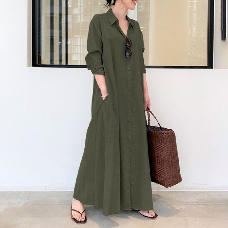 Îmbrăcăminte pentru femei stil nou, culoare uni, rever, mânecă lungă, buzunar, simplă, lejeră, rochie lungă de cămașă_voghion.com