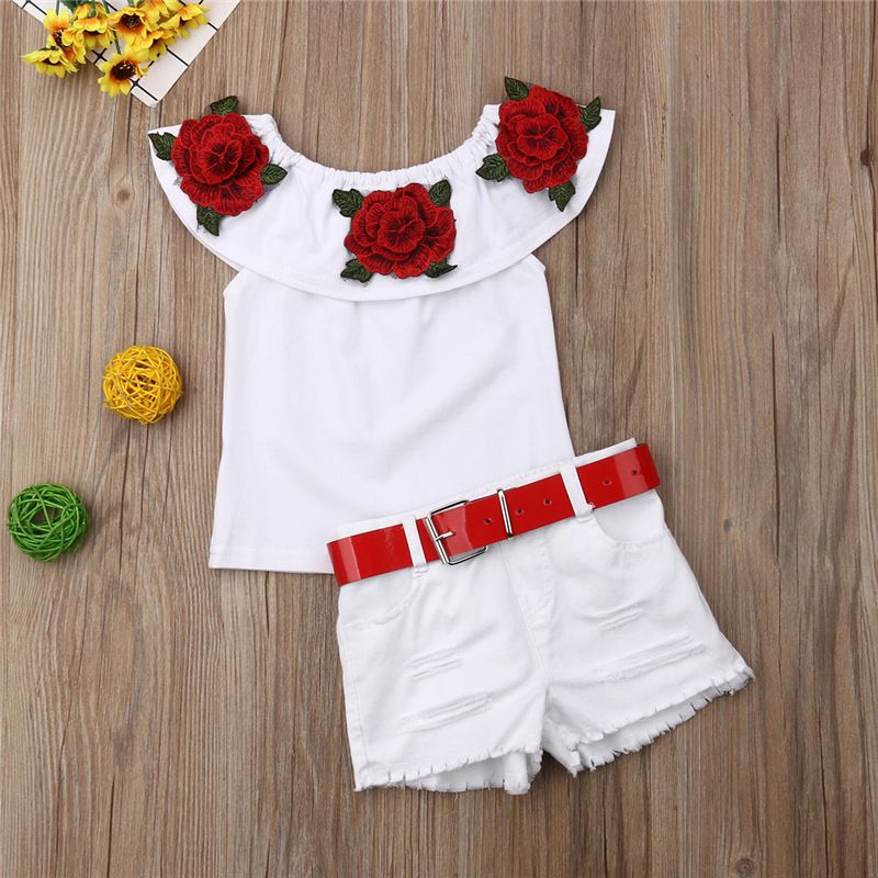 Chil's clothing summer style girls' simple solid color three flower one shoulder denim shorts two-piece set for_voghion.com