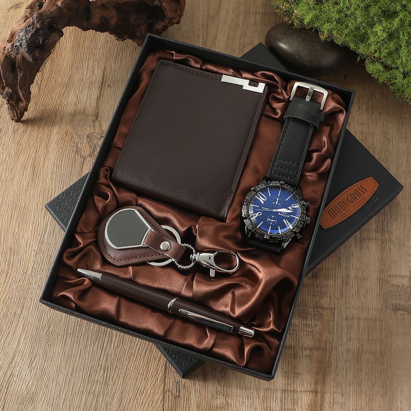 2025 Men's New Black Large Dial Business Watch Wallet Belt Keychain Gift Set 4pcs/set_voghion.com