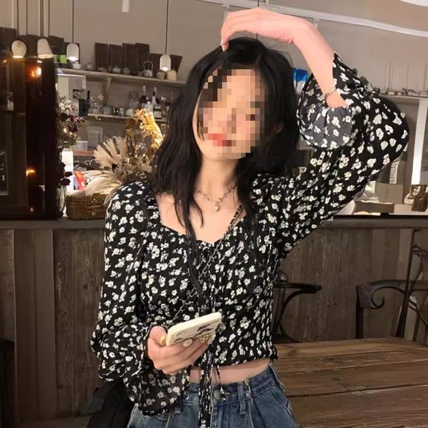 Bubble corto design francese manica lunga floreale autunno e inverno scollo quadrato ragazza piccante sexy nuovo stile sottile_voghion.com