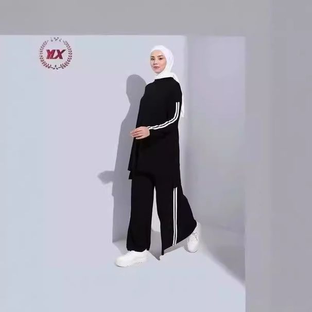 Herfstset met wijde pijpen en hoge taille, afslankende moslimmode, effen gestreepte kleuren_voghion.com