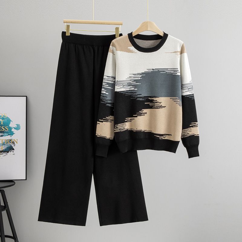 K Neues zweiteiliges Set für Damen: Ein Pullover und eine Hose im Farbblockdesign, Übergröße für eine schlankere Figur, stilvolles und lässiges Strickoutfit_voghion.com