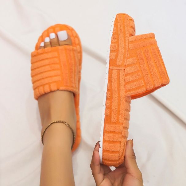 2025 Summer New Large One Word Thick Base Color Towel Fabric Hairy Slippers For Women_voghion.com