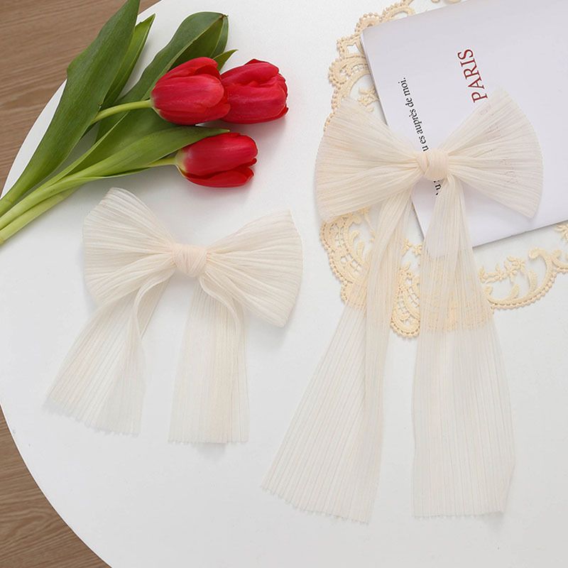 Super Fairy Style White Bow Hairpin Back of Head Temperament Silk Yarn Spring Clip Clip Internet Red Ribbon Hairpin_voghion.com
