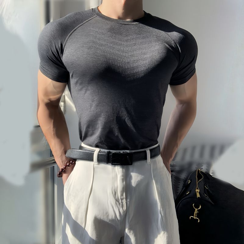 American Seamless Jacquard Sports Closed Shark Pattern Kurzarm Schnelltrocknendes Training Fitness Stretch Slim Fit Top T-Shirt Herren_voghion.com