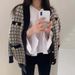 2024 autumn/winter Korean chic simple style contrasting color single breasted checkered knit cardigan long sleeved_voghion.com