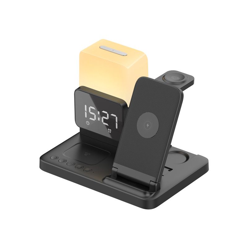 3-in-1 faltbare kabellose Ladeständeruhr, 15 W Schnellladung mit LED-Anzeige, Nachtlicht und Wecker, Qi-zertifiziert (Schwarz)_voghion.com