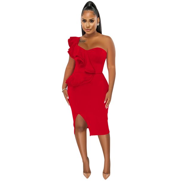 Women's Clothing fashion casual ruffled slit one shoulder sleeve dress women's clothing_voghion.com
