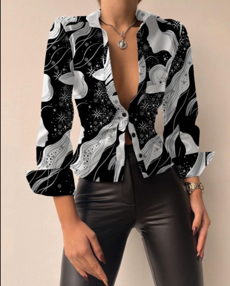 Damenmode-Langarm-Patchwork-Hemd mit V-Ausschnitt_voghion.com