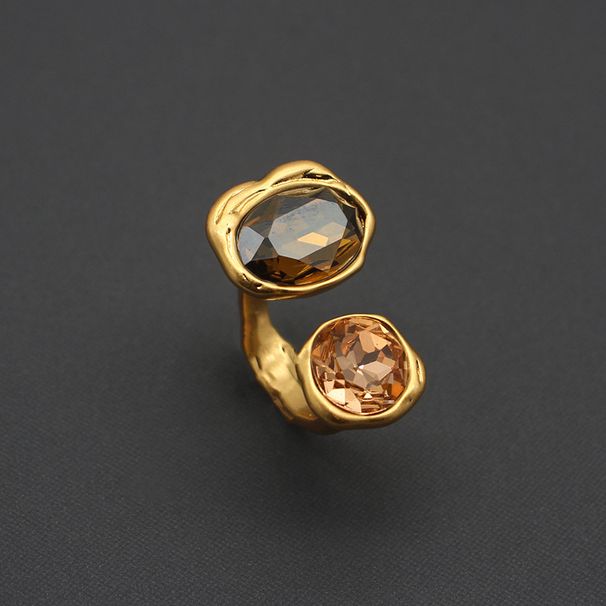 Medieval rhinestone plain ring with adjustable opening and large gemstone inlaid hand ornaments with aged real gold plating_voghion.com